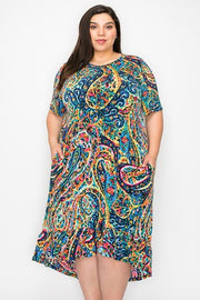 LD-Z {Dreams Of Paisley} Blue Paisley Print High/Low Dress EXTENDED PLUS SIZE 3X 4X 5X