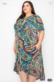 LD-Z {Dreams Of Paisley} Blue Paisley Print High/Low Dress EXTENDED PLUS SIZE 3X 4X 5X