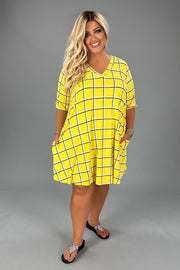 99 PSS-A {Catch My Drift} Yellow Check Print V-Neck Dress SALE!!!  PLUS SIZE 1X 2X 3X