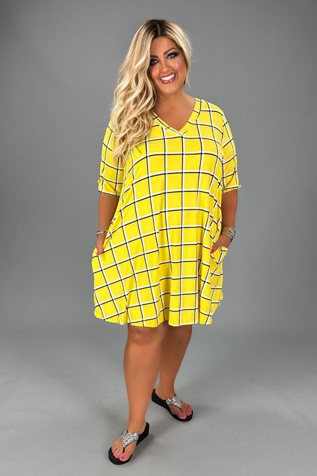 99 PSS-A {Catch My Drift} Yellow Check Print V-Neck Dress SALE!!!  PLUS SIZE 1X 2X 3X