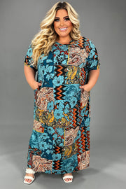 LD-O {Outlined Beauty} Teal Floral Paisley Print Maxi Dress EXTENDED PLUS SIZE 3X 4X 5X