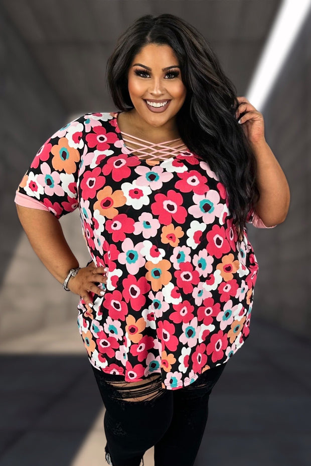 34 or 37 CP {Daily Dreamer} Black/Pink Floral Caged Neck Top CURVY BRAND!!!!  EXTENDED PLUS SIZE XL 2X 3X 4X 5X 6X