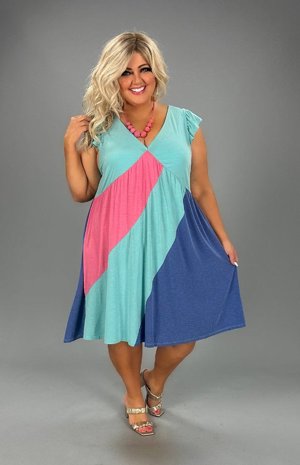 94 PSS-U {Lattes First} Mint Color Block V-Neck Dress PLUS SIZE 1X 2X 3X