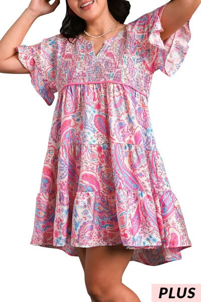 61 PSS {Easy On You} Umgee Pink Paisley Smocked Dress PLUS SIZE XL 1X 2X