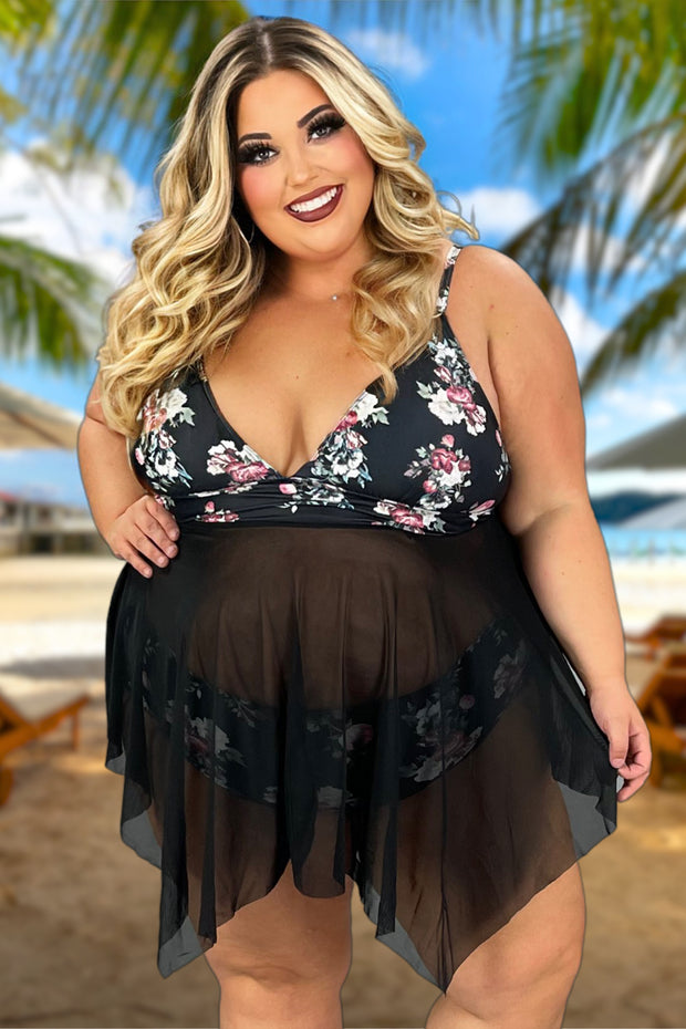 SWIM-B {Splash Into Swim} Black Floral Two Piece Swimsuit EXTENDED PLUS SIZE 2X 3X 4X