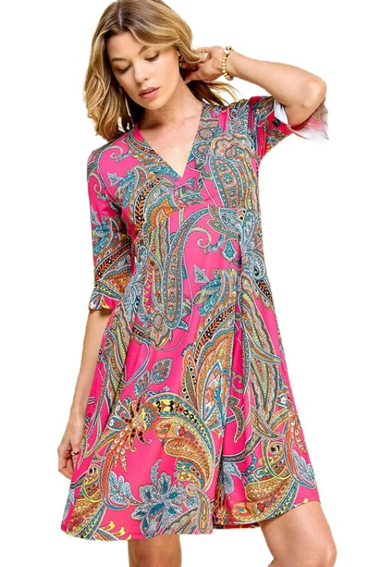 45 PSS-D {Life's A Dance}  Fuchsia Paisley Printed Dress PLUS SIZE 1X 2X 3X