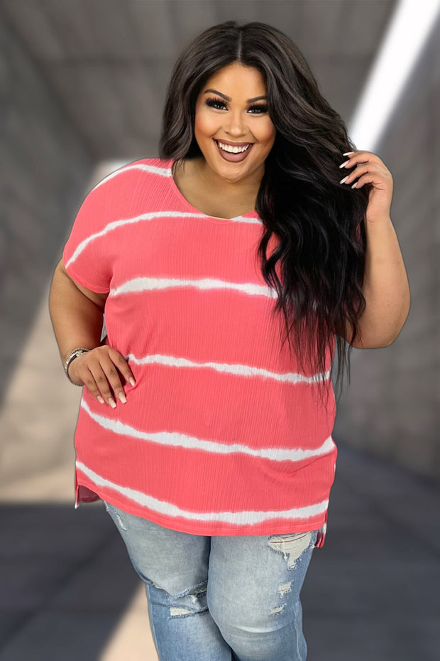 33 PSS-A {Who Am I} Coral Tie Dye Stripe Top PLUS SIZE XL 2X 3X