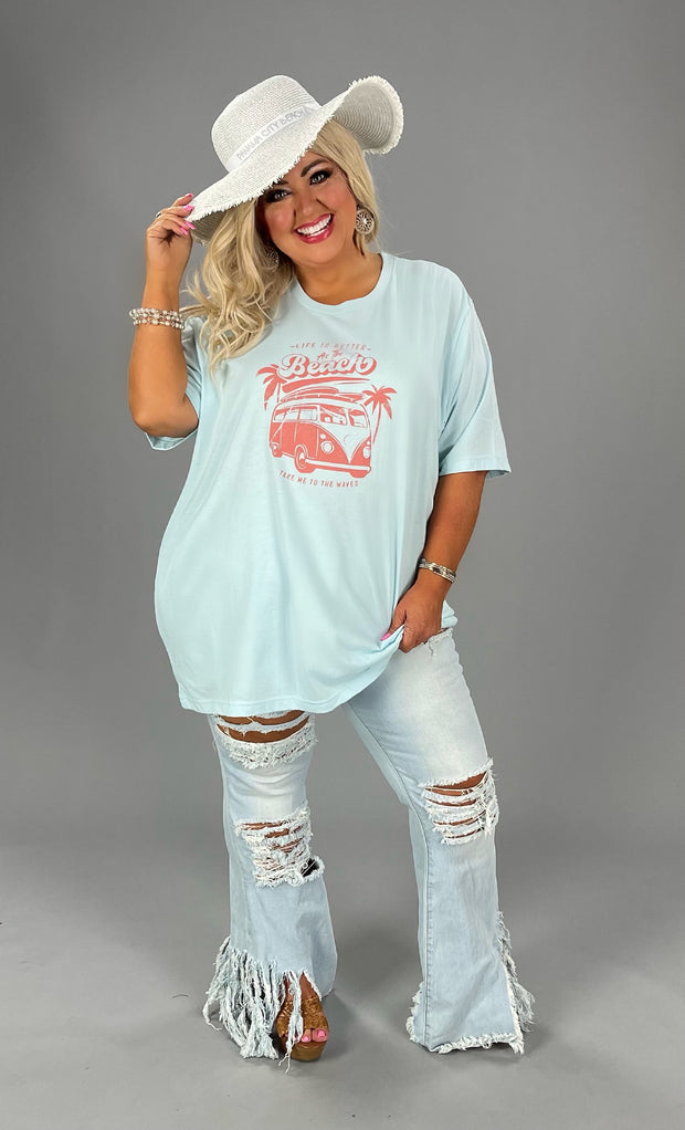 95 GT-A {Life Is Better At The Beach} H. Ice Blue Graphic Tee PLUS SIZE 2X 3X
