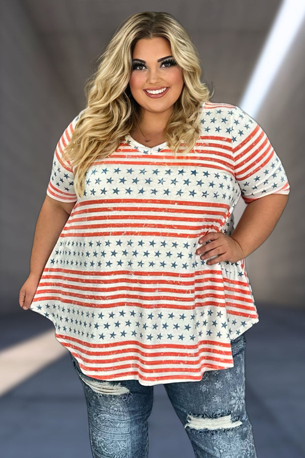 23 PSS-H {Patriotic Heart} Ivory/Red Stripe Star Print Top  EXTENED PLUS SIZE 1X 2X 3X 4X 5X