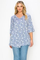 84 PSS {Always Ready} Blue/Ivory Floral V-Neck Tunic CURVY BRAND!!!  EXTENDED PLUS SIZE 4X 5X 6X