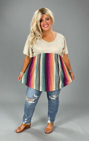 89 CP-D {Famous Feeling} Oatmeal Stripe Colorblock Top PLUS SIZE 1X 2X 3X