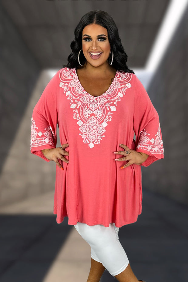 62 SD {Classy Beauty} Coral V-Neck Embossed Tunic CURVY BRAND!!!  EXTENDED PLUS SIZE XL 2X 3X4X 5X 6X