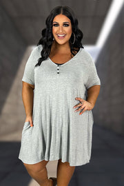 55 SD-B {Country Lane} Heather Grey V-Neck Dress w/Buttons PLUS SIZE XL 2X 3X