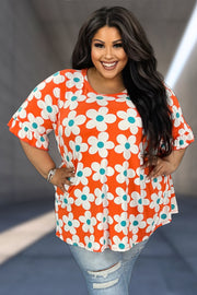 33 PSS-F {Daisy Is My Choice} Orange Daisy Print Top EXTENDED PLUS SIZE 4X 5X 6X