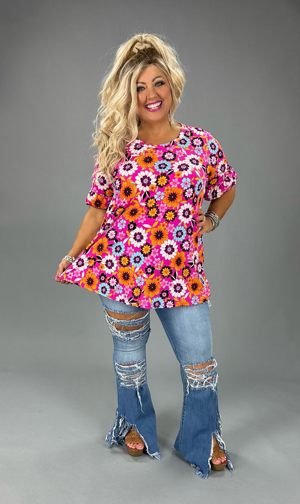 64 PSS-A {Always Right} Fuchsia Floral Print Top  CURVY BRAND!!!  EXTENDED PLUS SIZE XL 2X 3X 4X 5X 6X