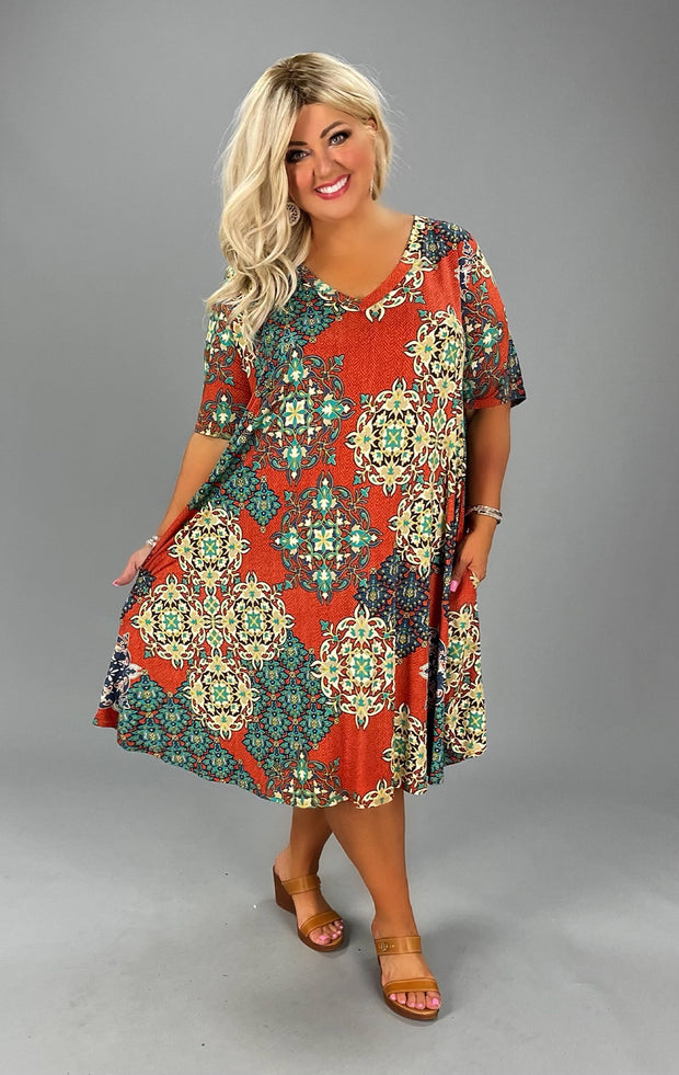 71 PSS {Pay No Mind} Rust Print V-Neck Dress EXTENDED PLUS SIZE 3X 4X 5X