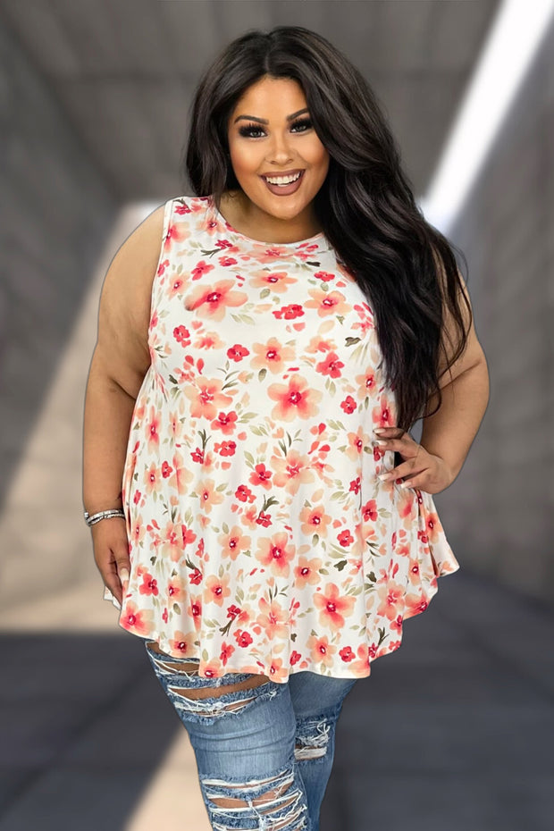 24 SV-G {Happiness In The Flower} Ivory Floral Sleeveless Top PLUS SIZE XL 2X 3X