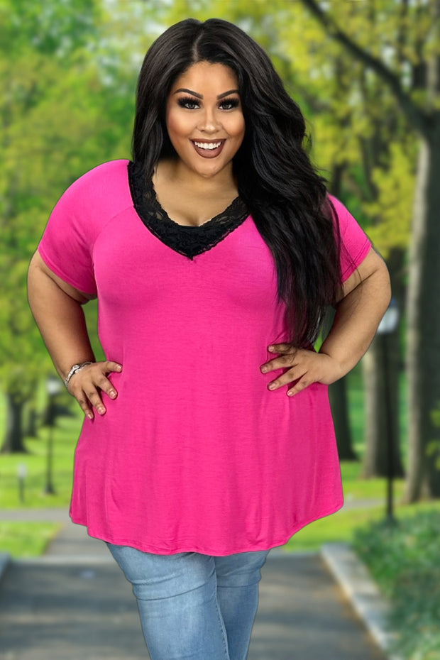 68 SD-M {The One That Got Away} Fuchsia Black Lace Top PLUS SIZE XL 2X 3X