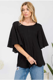 54 SD-A {Not So Subtle} Solid Black Detail Sleeve Top PLUS SIZE 1X 2X 3X