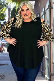 54 OS-P {Simply Lovely} Black/Leopard Print Open Shoulder Top CURVY BRAND!!! EXTENDED PLUS SIZE 1X 2X 3X 4X 5X 6X