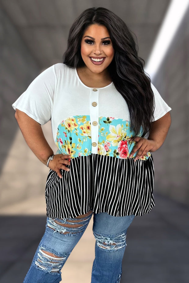 50 OR 93 CP {Sunny Spritzer} Ivory/Aqua Floral/Black Stripe Tunic CURVY BRAND!!!  EXTENDED PLUS SIZE XL 2X 3X 4X 5X 6X