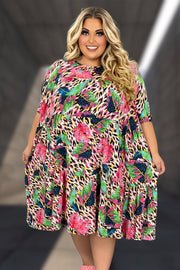 47 PSS-A {Blissful Break} Multi-Color Leaf Print Tiered Dress EXTENDED PLUS SIZE 3X 4X 5X