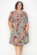 70 PSS {The Last Dance} Wine Paisley Print V-Neck Dress EXTENDED PLUS SIZE 3X 4X 5X