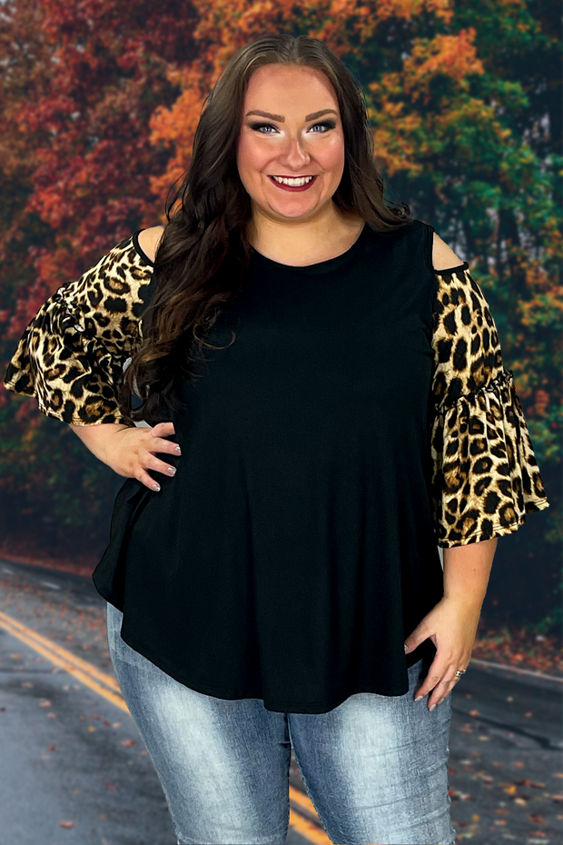 54 OS-P {Simply Lovely} Black/Leopard Print Open Shoulder Top CURVY BRAND!!! EXTENDED PLUS SIZE 1X 2X 3X 4X 5X 6X