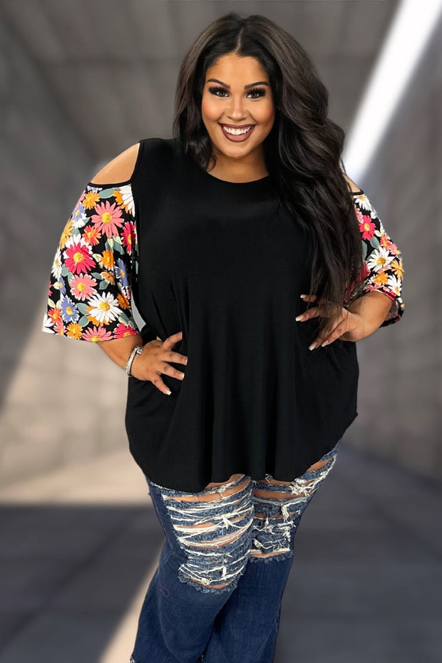 31 OS {Blooming Curvy} Black Daisy Open Shoulder Top