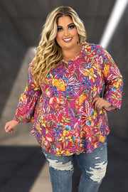 33 PQ-B {Dazzle The Room} Fuchsia Floral V-Neck Top EXTENDED PLUS SIZE 3X 4X 5X