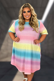 79 PSS {Sherbert Love} Blue Pink Yellow Striped Waffle Knit Dress EXTENDED PLUS SIZE 4X 5X 6X