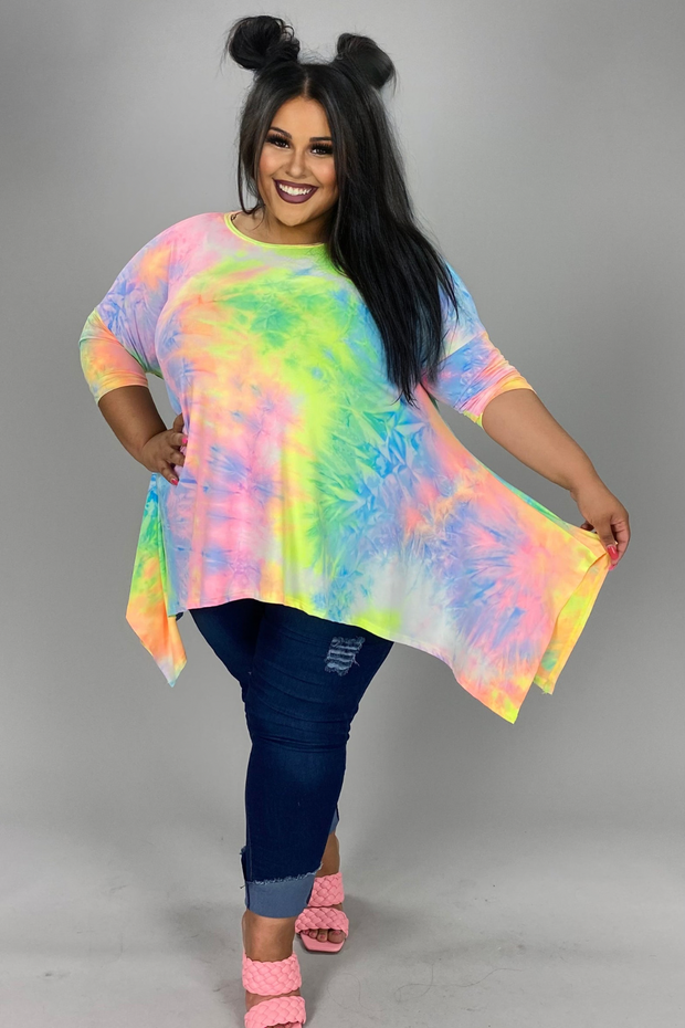 76 PQ-J {Timeless Ties} Neon Yellow Pink Tie Dye Top PLUS SIZE 1X 2X 3X