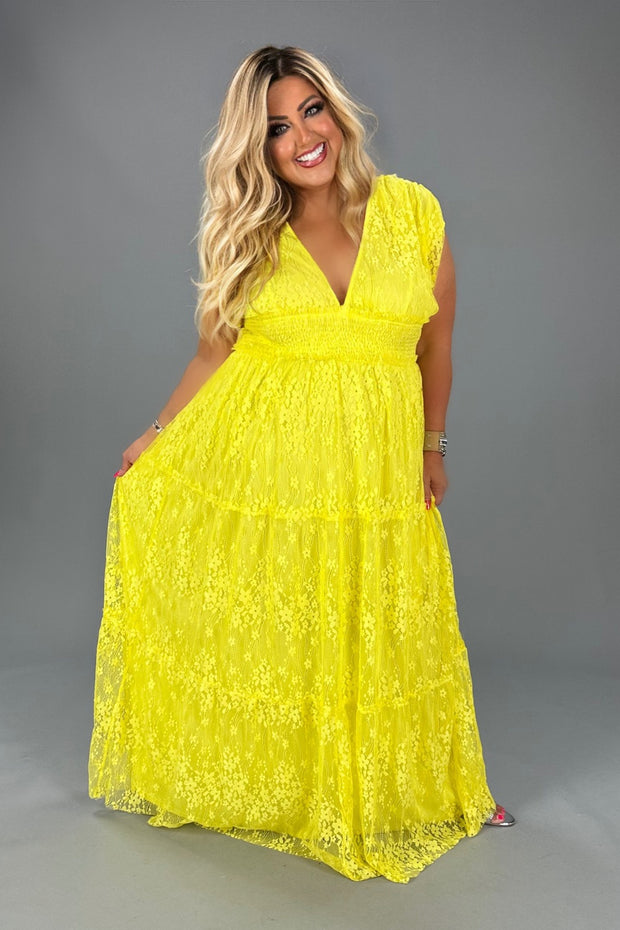 LD-Z {Adore You} Yellow Smocked Lace Lined Maxi Dress PLUS SIZE 1X 2X 3X