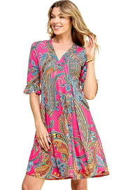 45 PSS-D {Life's A Dance}  Fuchsia Paisley Printed Dress PLUS SIZE 1X 2X 3X