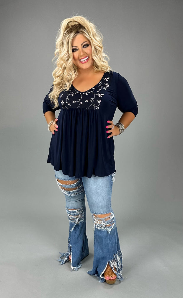 32 CP-B {Got You Falling} Navy Flower Contrast Top CURVY BRAND EXTENDED PLUS SIZE 1X 2X 3X 4X 5X 6X