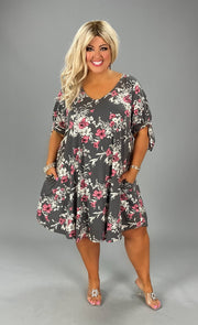 46 PSS-J {Highier Standards} Grey Floral V-Neck Dress PLUS SIZE 1X 2X 3X