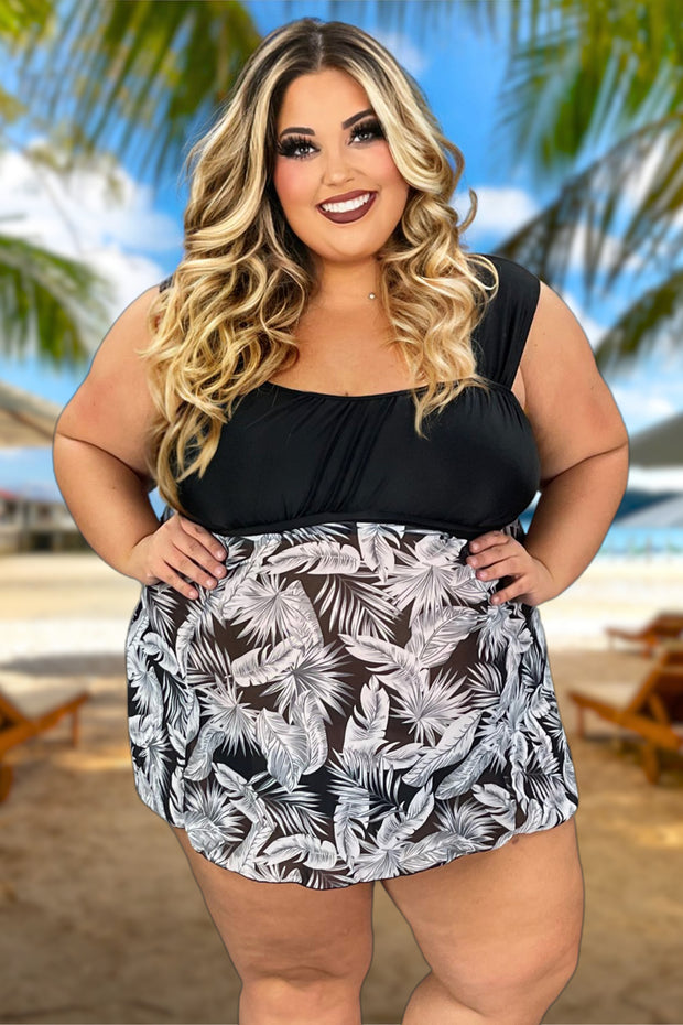 SWIM-W {Beachside Bliss} Black/Grey Leaf Two Piece Swimsuit EXTENDED PLUS SIZE 3X 4X