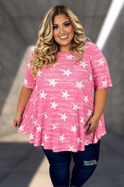 14 PSS-A {Future Star} Pink Star Printed Top PLUS SIZE 1X 2X 3X