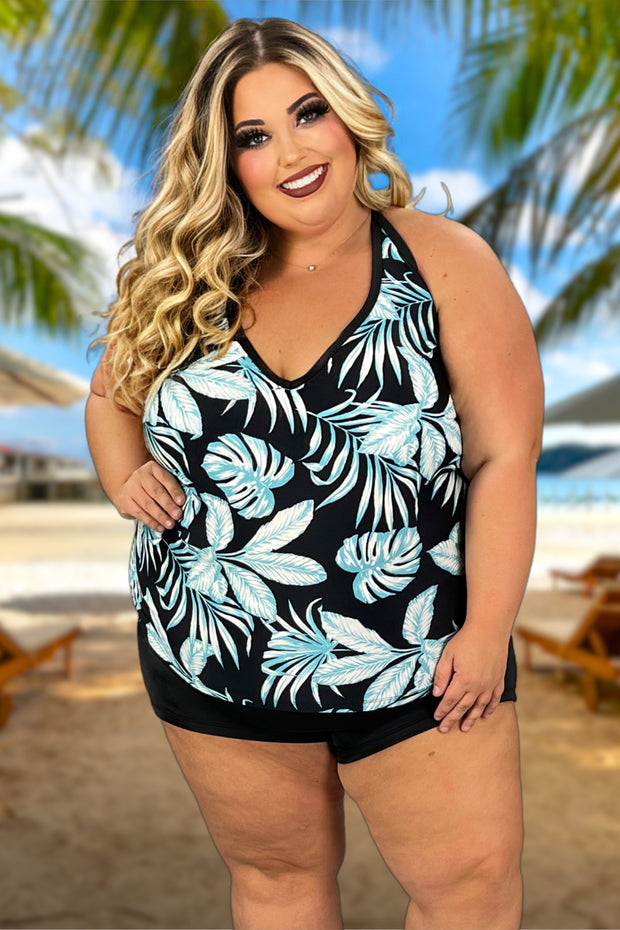 SWIM-G {South Point} Black/Blue Leaf Two Piece Swimsuit EXTENDED PLUS SIZE 18W  20W  22W  24W