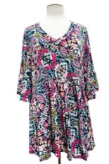 77 PQ-R {Dreams Of Color} Fuchsia Mint Printed Babydoll Top EXTENDED PLUS SIZE 3X 4X 5X