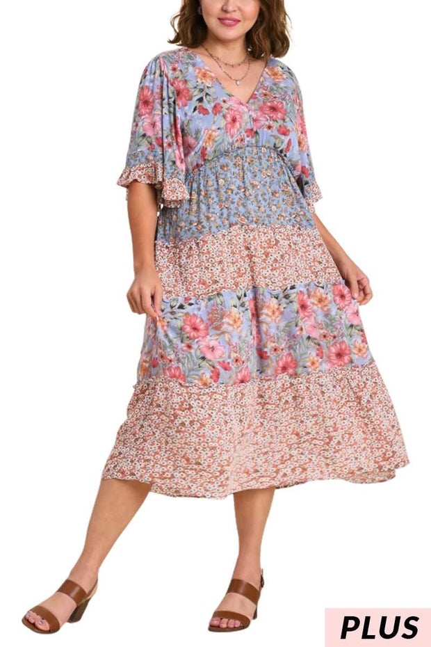 LD-O {In The Breeze} Umgee Blue Floral Tiered Midi Dress PLUS SIZE XL 1X 2X