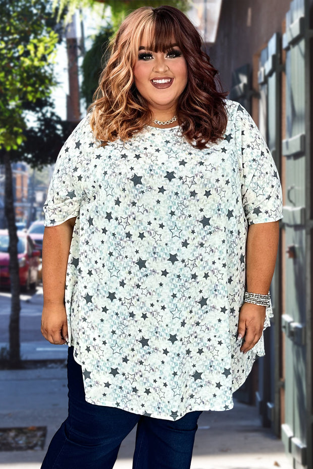 33 PSS-D {Clean Getaway} Ivory/Grey Star Print Top EXTENDED PLUS SIZE 3X 4X 5X