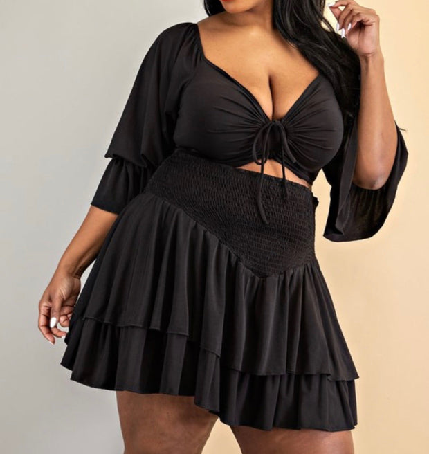 90 SET-F {Let The Party Begin} Black Crop Top & Ruffle Skirt Set PLUS SIZE 1X 2X 3X