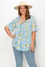 23 PSS-B {Beauty Of Curvy} Blue Floral Babydoll Top CURVY BRAND!!!  EXTENDED PLUS SIZE 4X 5X 6X