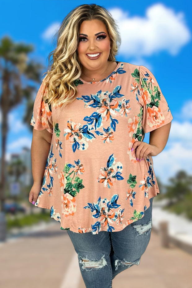 92 PSS-N {Letting Love In} Peach/Blue Floral Tunic EXTENDED PLUS SIZE 3X 4X 5X