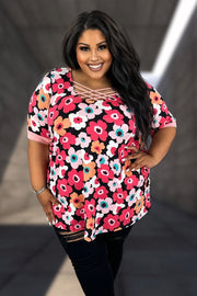 34 or 37 CP {Daily Dreamer} Black/Pink Floral Caged Neck Top CURVY BRAND!!!!  EXTENDED PLUS SIZE XL 2X 3X 4X 5X 6X