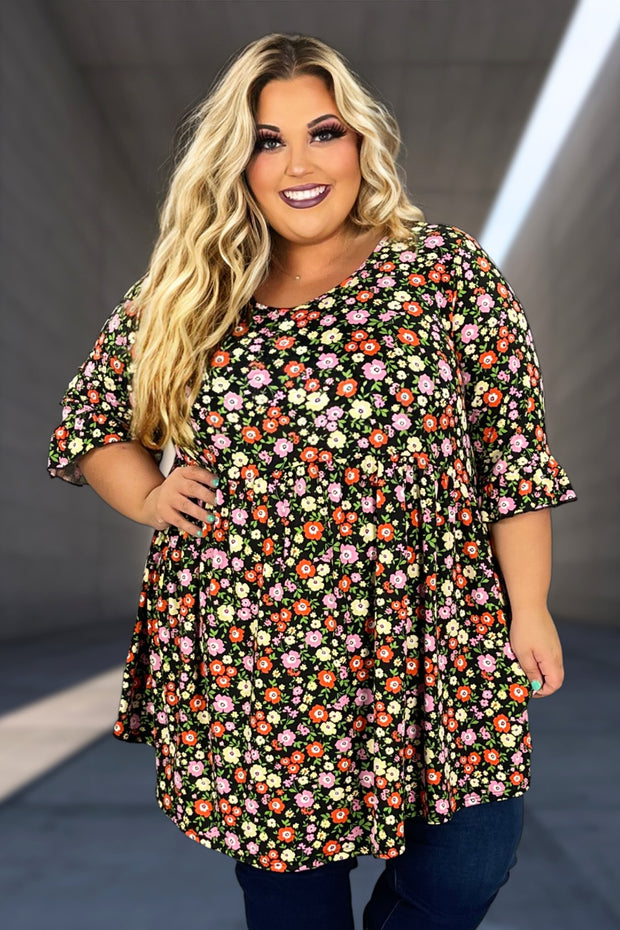 28 PSS-E {Curvy Garden} Black Floral Babydoll Top CURVY BRAND!!!  EXTENDED PLUS SIZE 4X 5X 6X