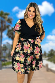 67 CP-D {Weekend Goals} Black Floral V-Neck Dress PLUS SIZE 1X 2X 3X