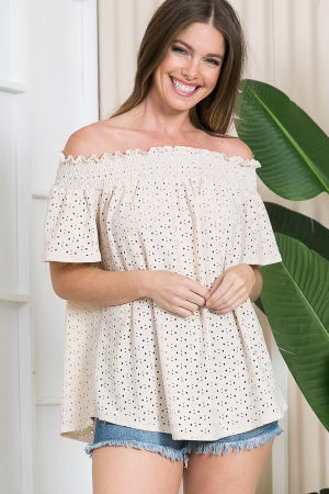 78 OS-A {Such A Sweetie} Taupe Eyelet Off Shoulder Top PLUS SIZE 1X 2X 3X