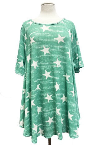 12 PSS-B {Future Star} Green Star Printed Top PLUS SIZE 1X 2X 3X